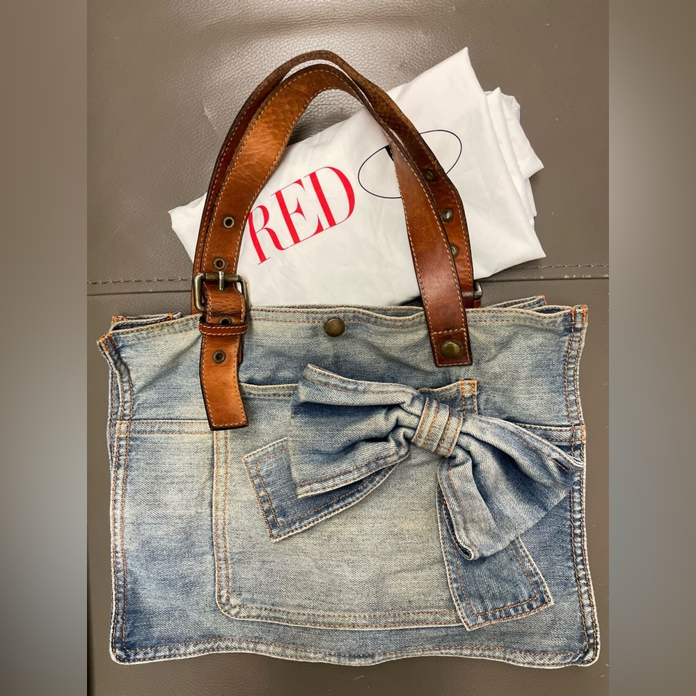 Red Valentine denim Tote Bag with Bow Accent